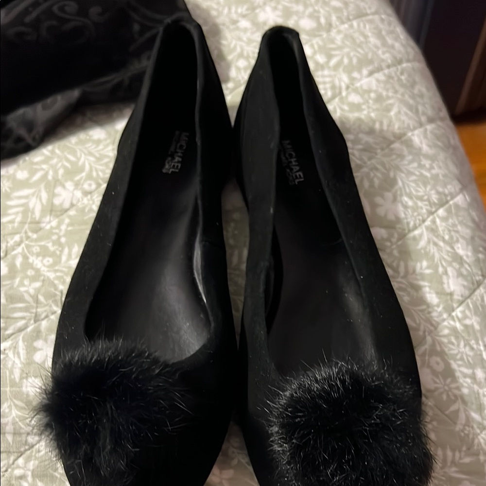 Michael Kors Black Flats with Fur Embellishment